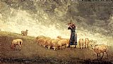 Shepherdess Canvas Paintings - Shepherdess Tending Sheep